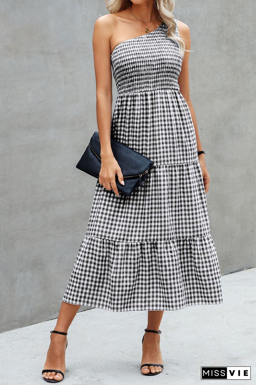 Plaid One Shoulder Pleated Ruffles Long Dress Wholesale