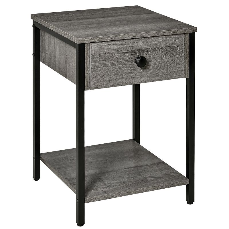 HOMCOM Industrial Side Table with Storage Shelf Accent Table with Drawer for Living Room or Bedroom Grey