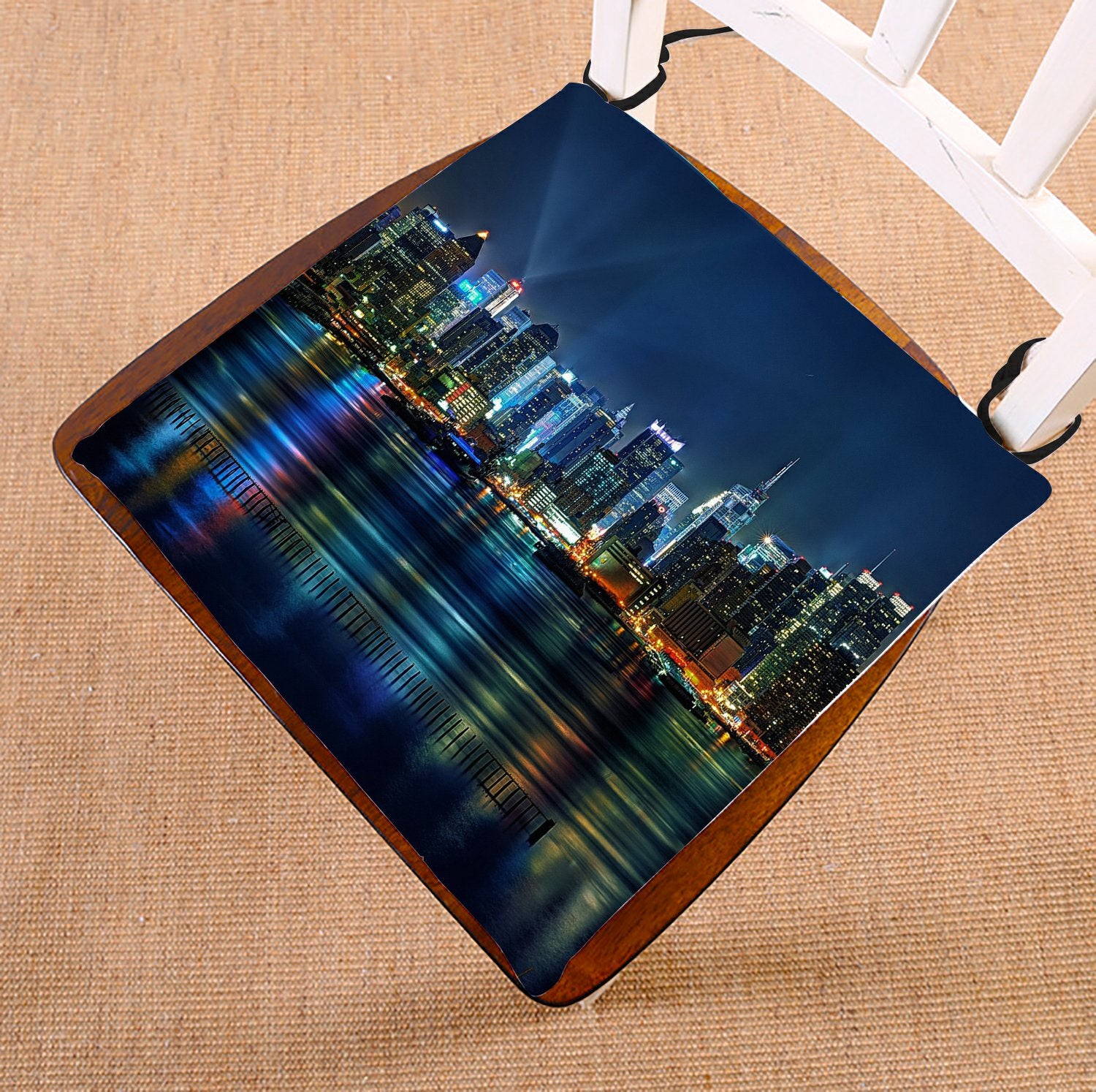 GCKG NYC New York City Colorful Buildings At Night Chair Pad Seat Cushion Chair Cushion Floor Cushion with Breathable Memory Inner Cushion and Ties Two Sides Printing 16x16 inches