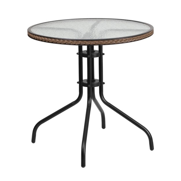 Round Tempered Glass Metal Table With Rattan Edging