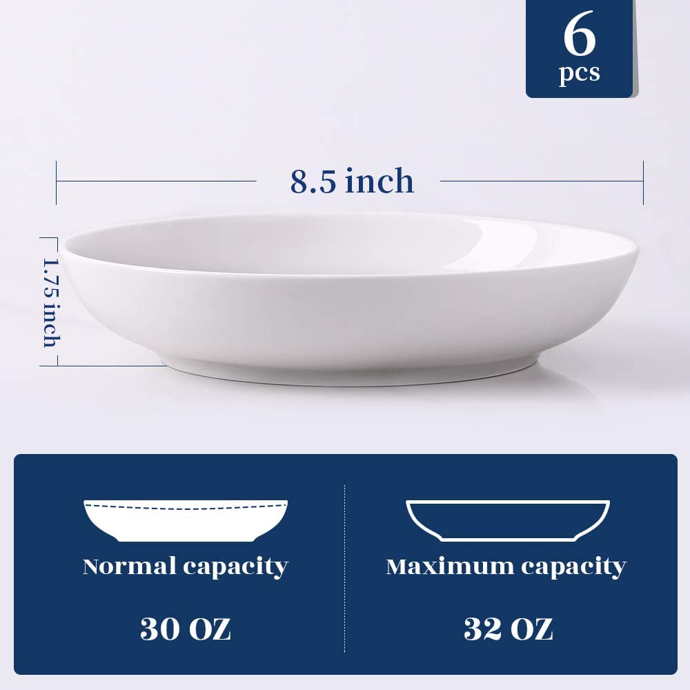 Y YHY 8.5 inch Pasta Bowls Set of 6， 30oz Thanksgiving Large Salad Serving Bowls， White Dinnerware