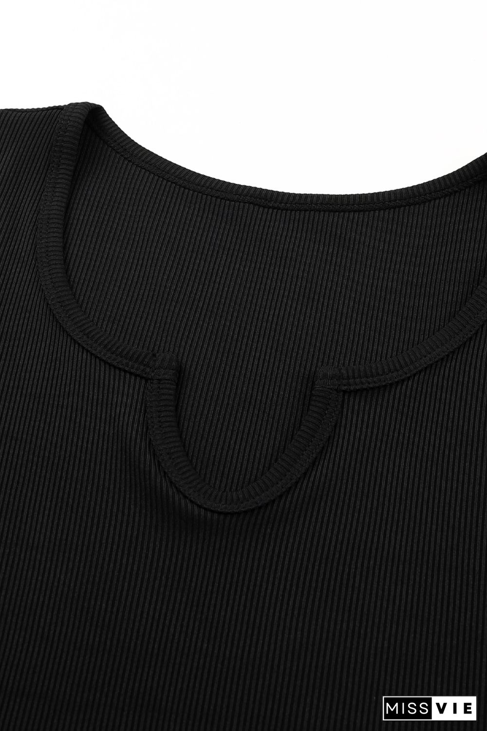 Black Split Neck Ribbed Knit Tank Top