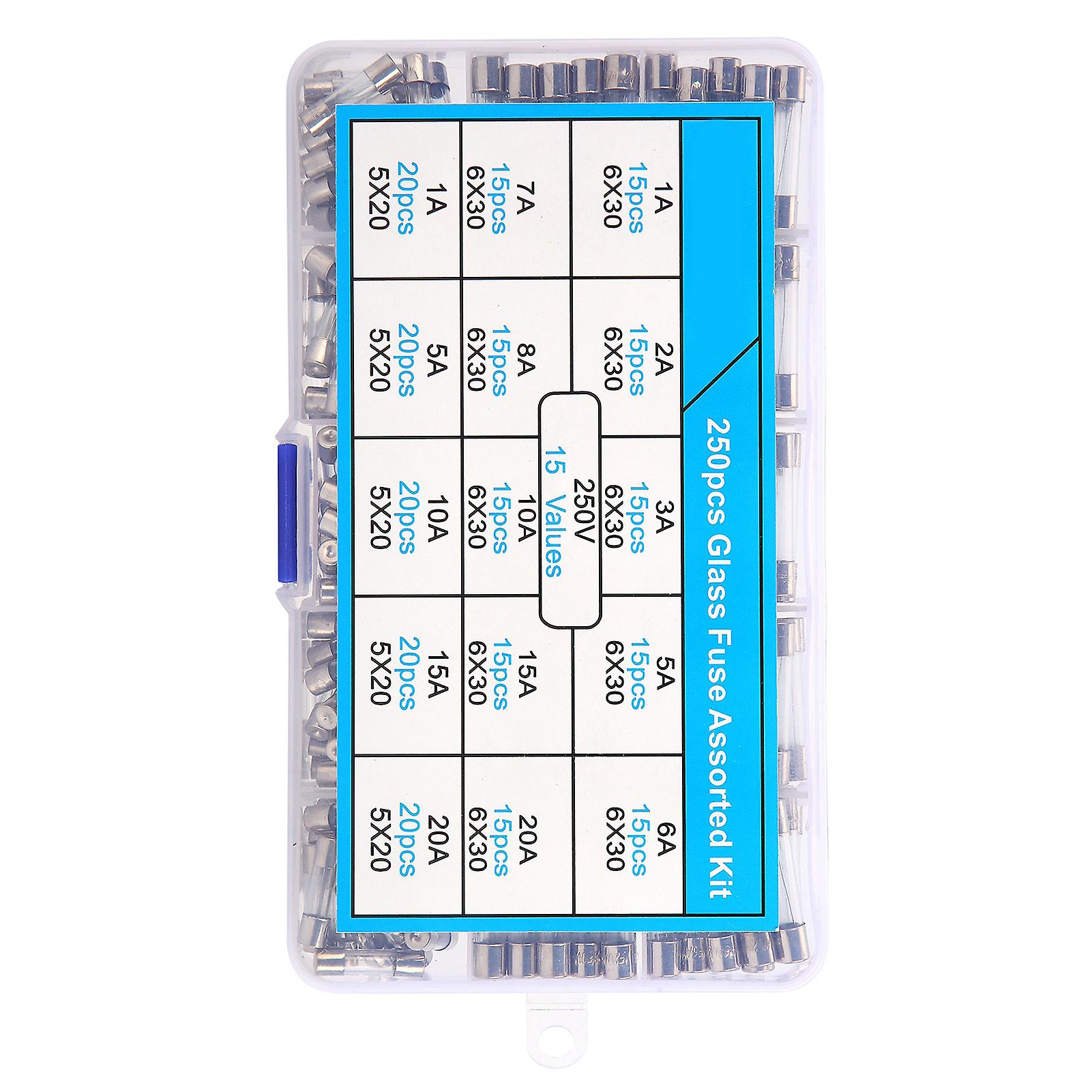 250 Pcs Glass Fuse 6x30/5x20mm Insulation Heat Resistance Flame Retardancy Fuses Assortment Kit 120a 250v