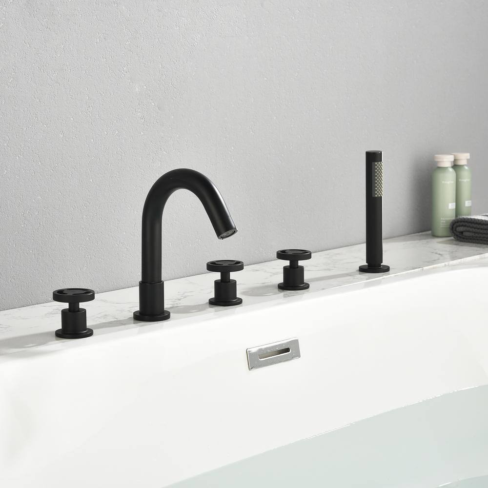 WELLFOR 3-Handle Deck-Mount Roman Tub Faucet with Hand Shower in Matte Black WK0504