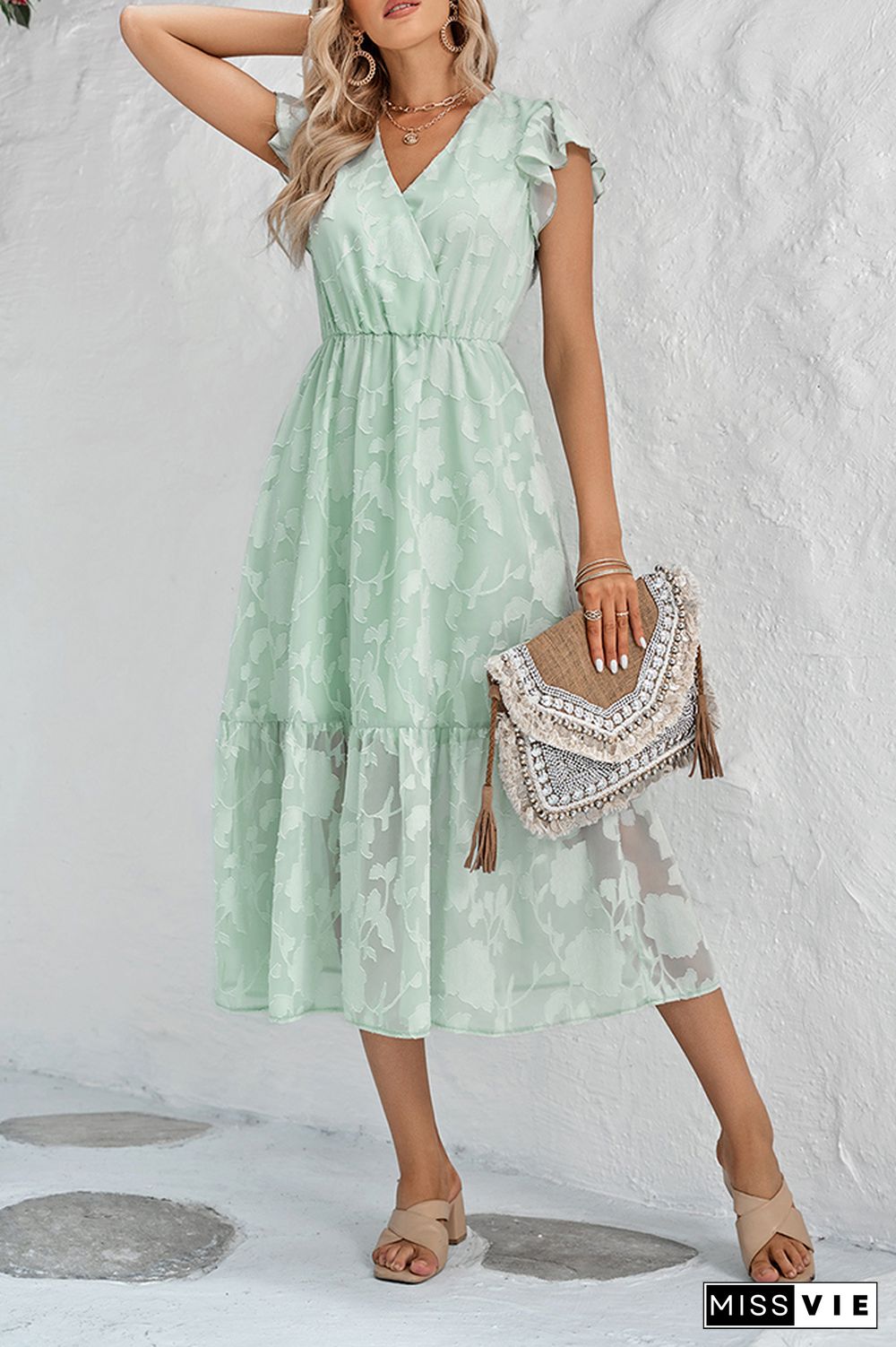 Plain Texture Floral V Neck Ruffles Maxi Dress