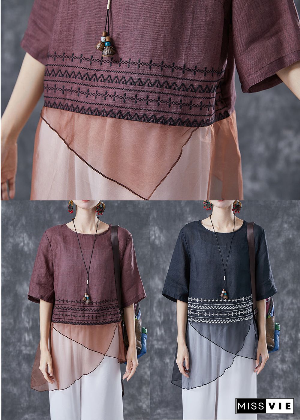 Brown Patchwork Linen Shirts Asymmetrical Embroideried Summer