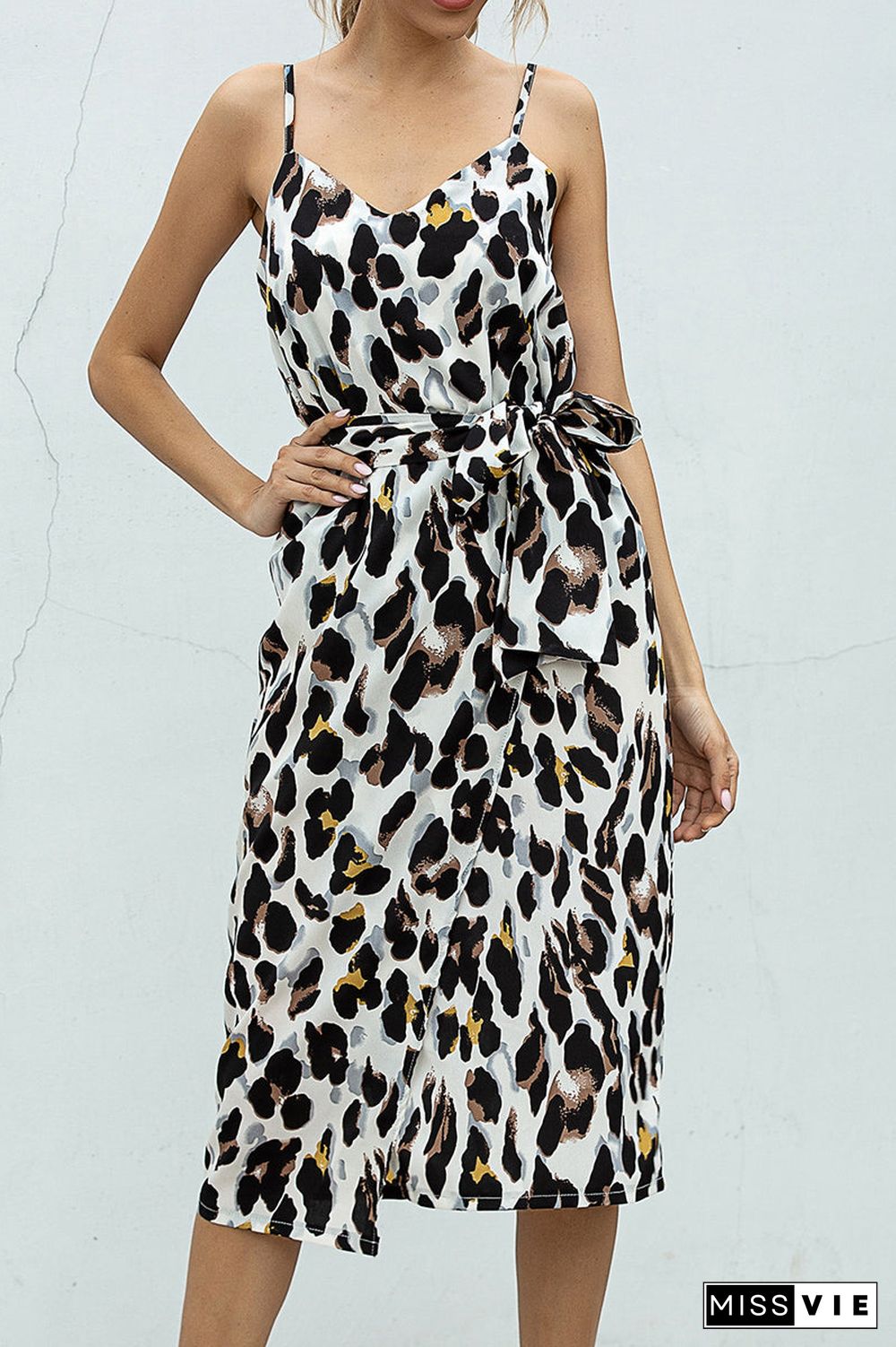 Digital Print Tie Up Halter V-Neck Midi Dress