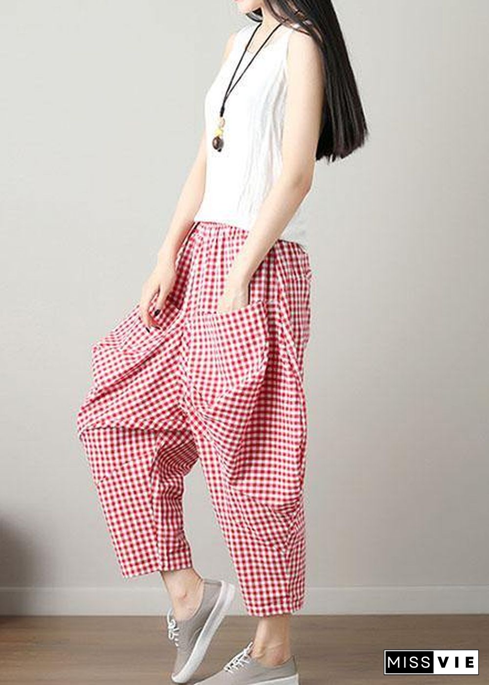 fashion casual red plaid cotton crop pants loose elastic waist pants