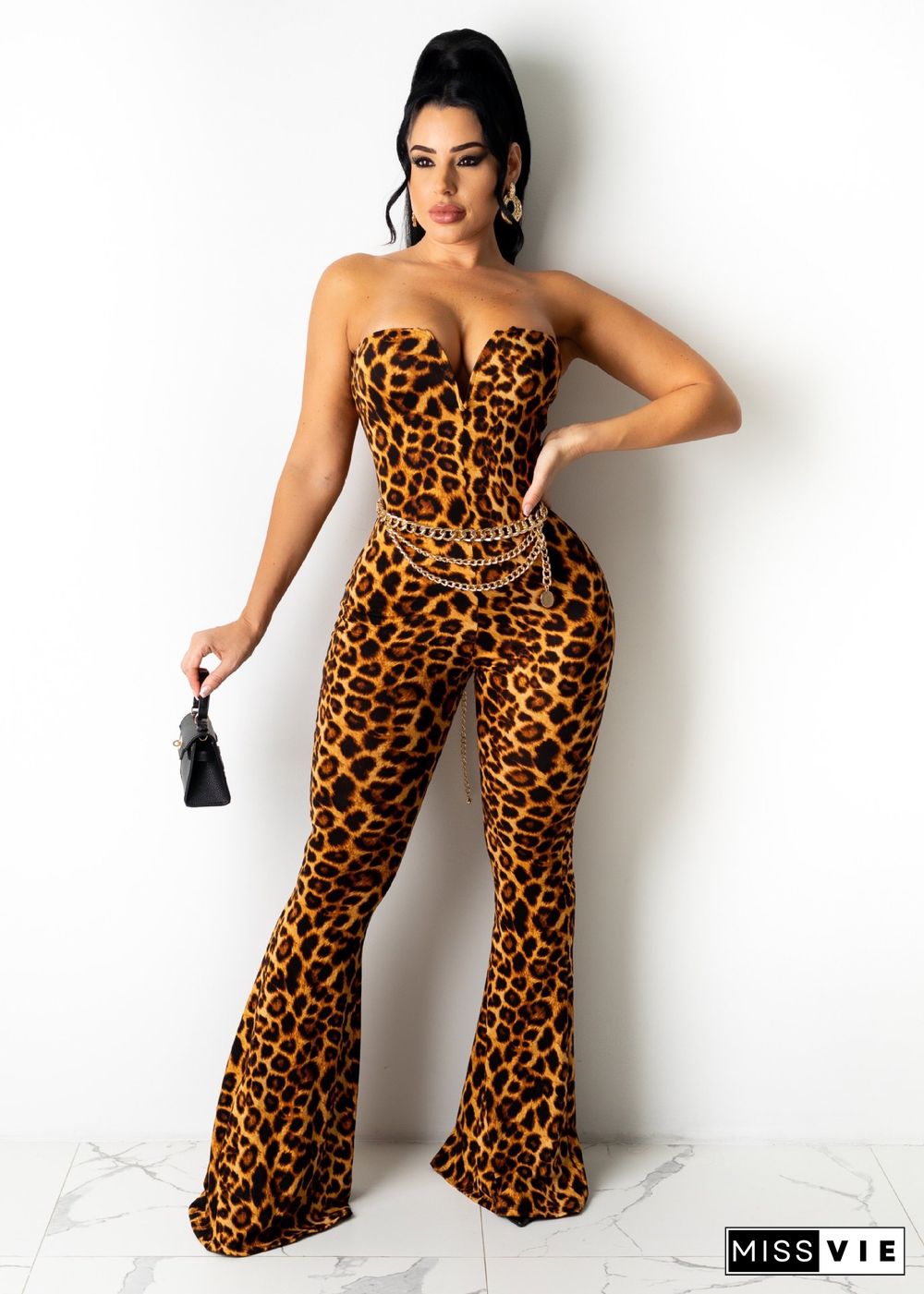 Fashion Leopard Strapless Wide-leg Jumpsuits