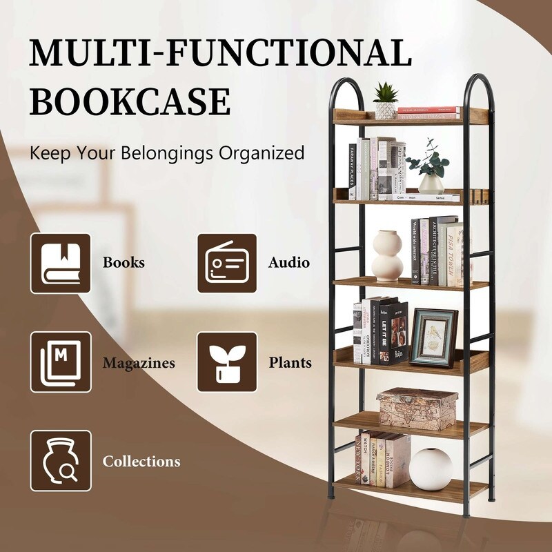 70.8 Inch Tall Bookshelf  6 tier Shelves with Round Top Frame