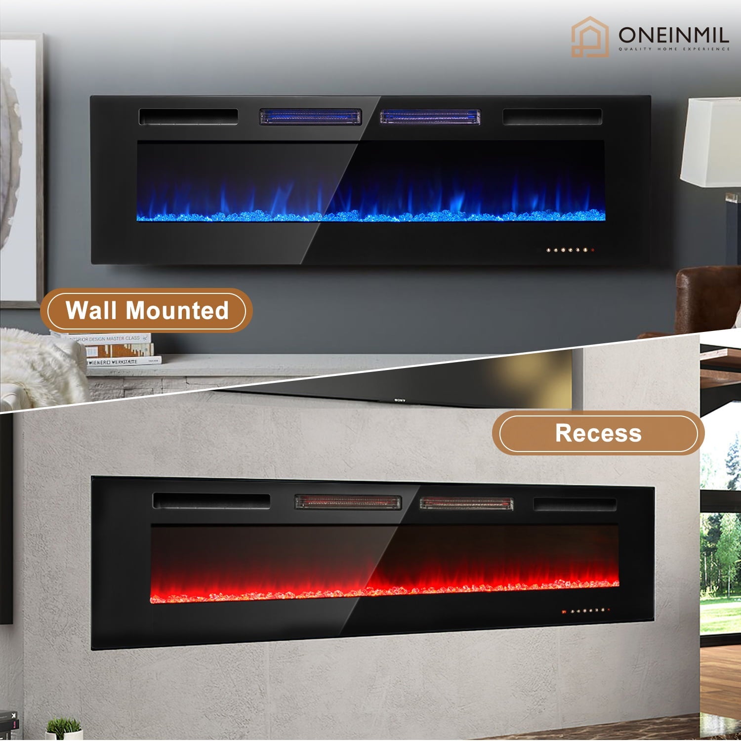 ONEINMIL 60" Electric Fireplace, Recessed 3.2'' Ultra Thin Wall-Mounted Heater w/Adjustable Flame Colors & Speed, Fireplace with Touch Screen and Remote Control