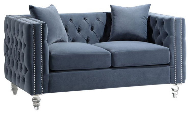 Lexicon Orina Button Tufted Velvet Loveseat in Dark Blue   Traditional   Loveseats   by Homesquare  Houzz