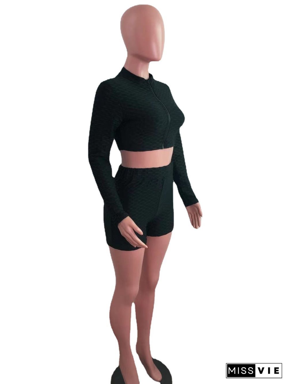 Women Solid Color Pineapple Grid Long Sleeve Zipper Crop Top Coat Slim Shorts Gym Sport 2 Piece Set