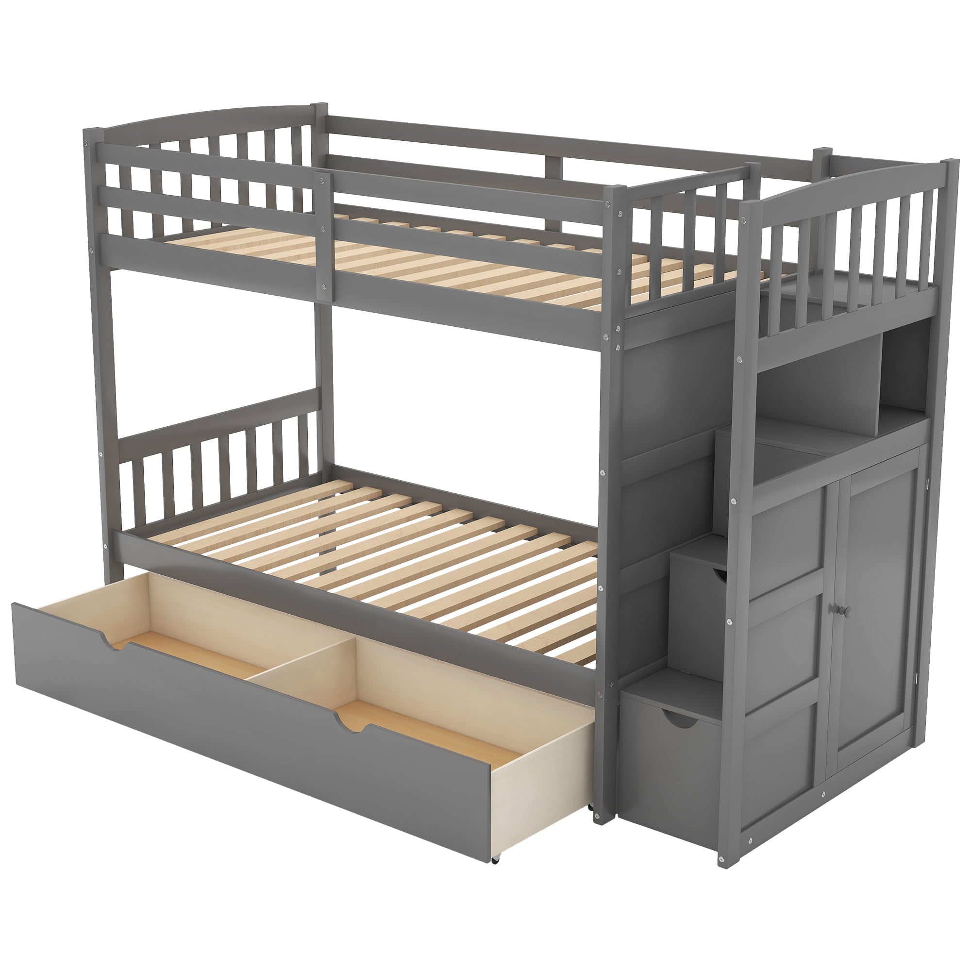 Euroco Twin over Twin/Full Bunk Bed for Kids Bedroom, Gray