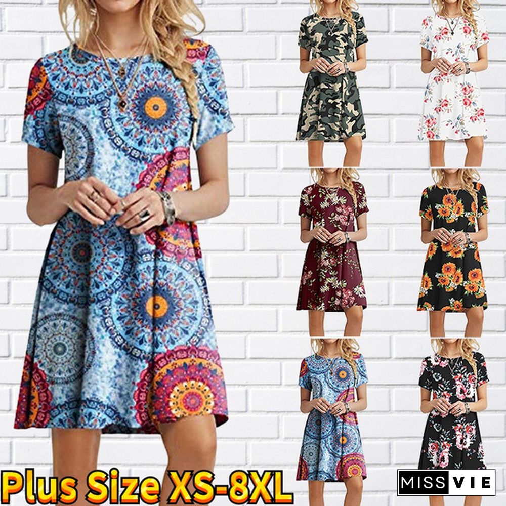 Ladies Fashion Dress Floral Leaf Print Ladies Casual Dress Summer Beach Short Sleeve Dress Long Skirt Plus Size Xs-8Xl