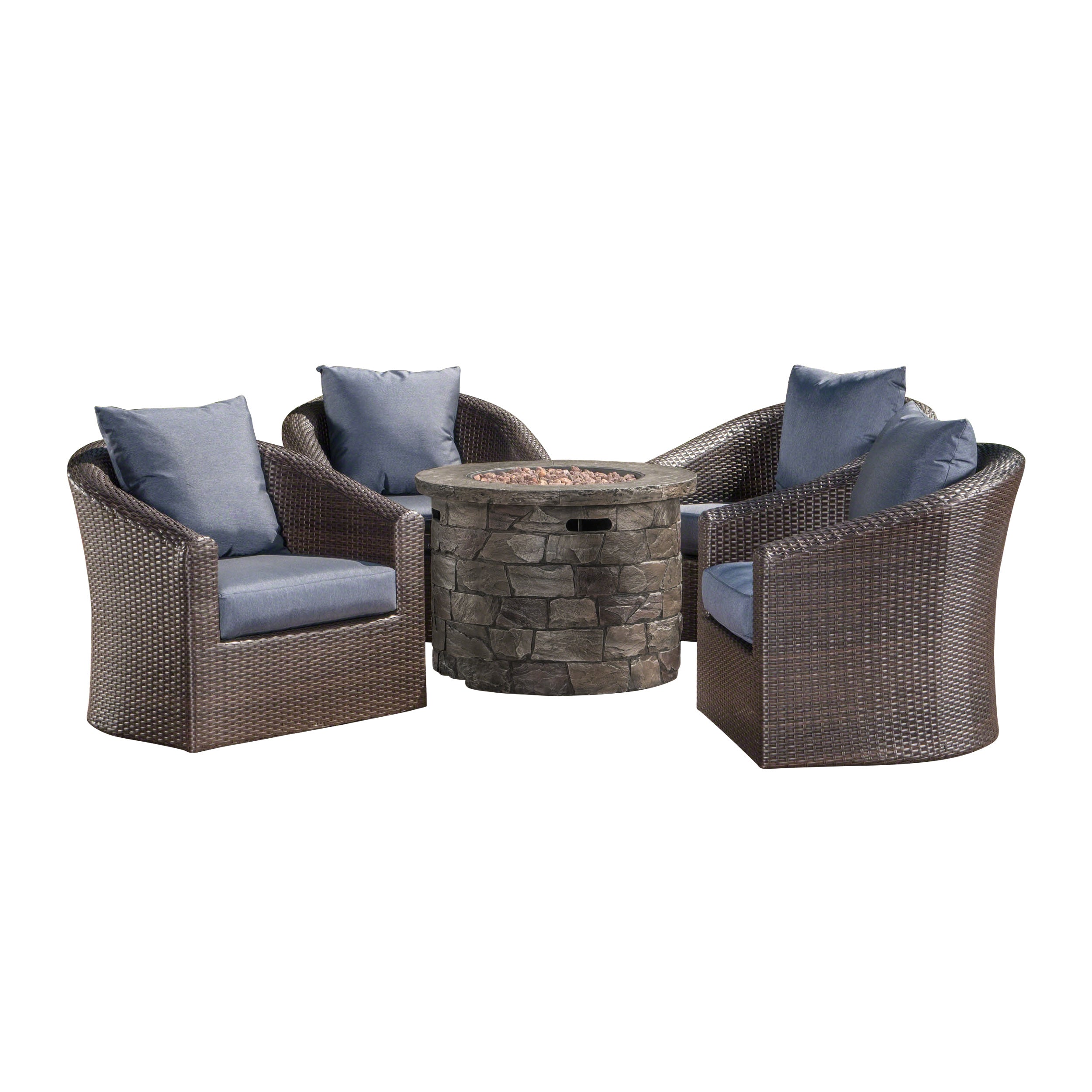 Zippa Outdoor 5 Piece Wicker Swivel Club Chair Fire Pit Chat Set