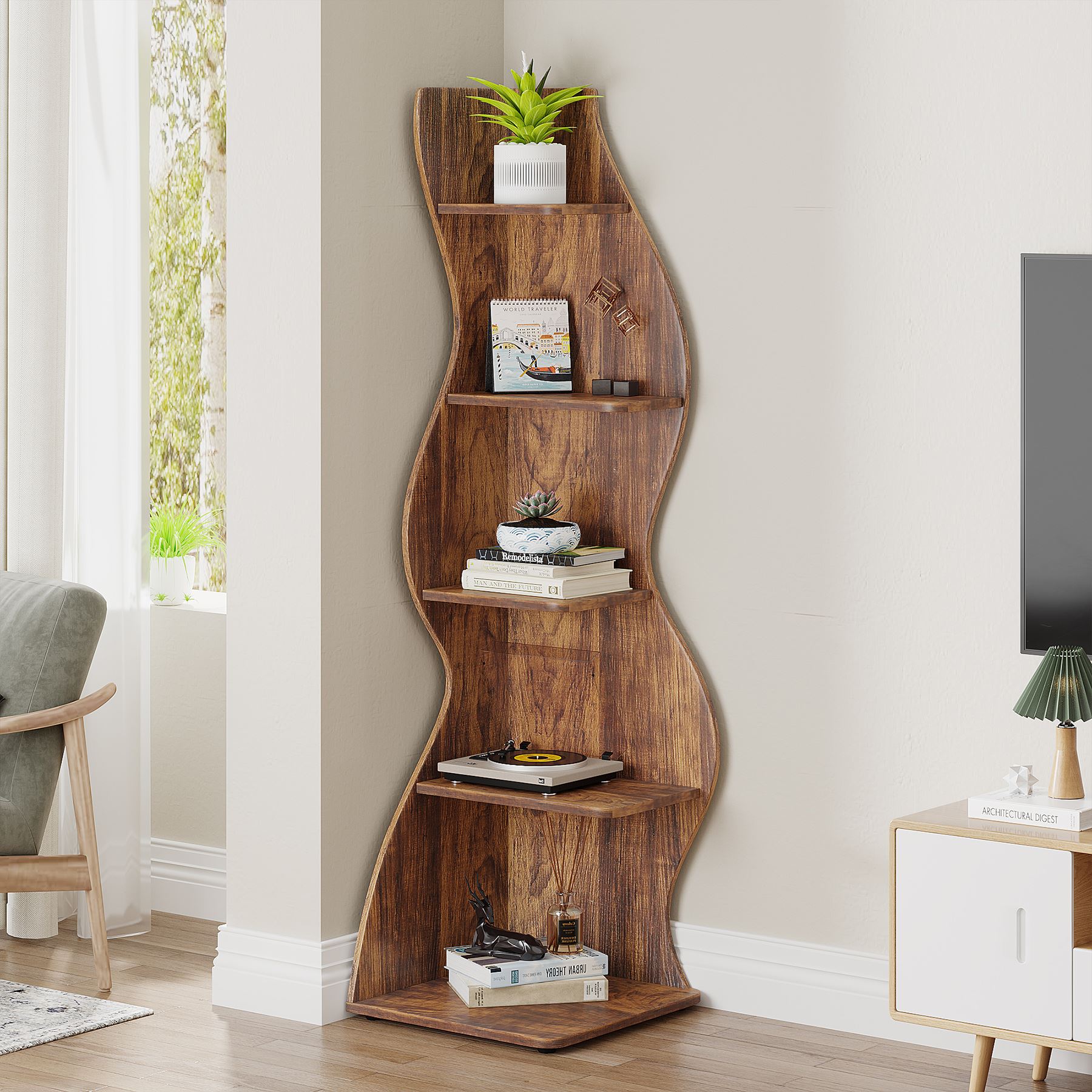 5-Tier Corner Shelf, Modern Wall Corner Bookshelf Bookcase