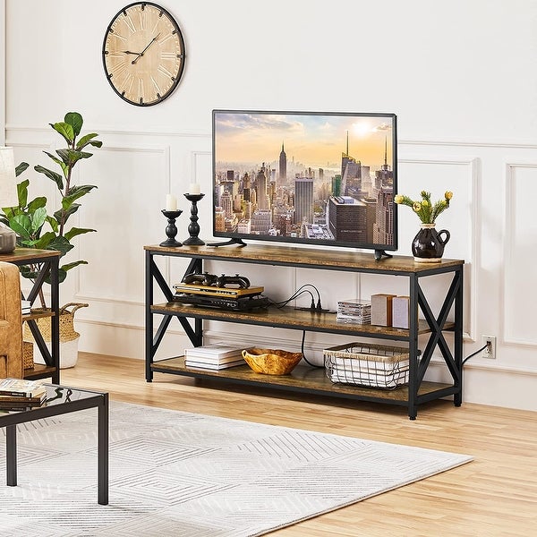 TV Stand with Power Outlets to 65 Inches， Industrial TV Console with 3-Tier Storage Shelves， Media Entertainment Center