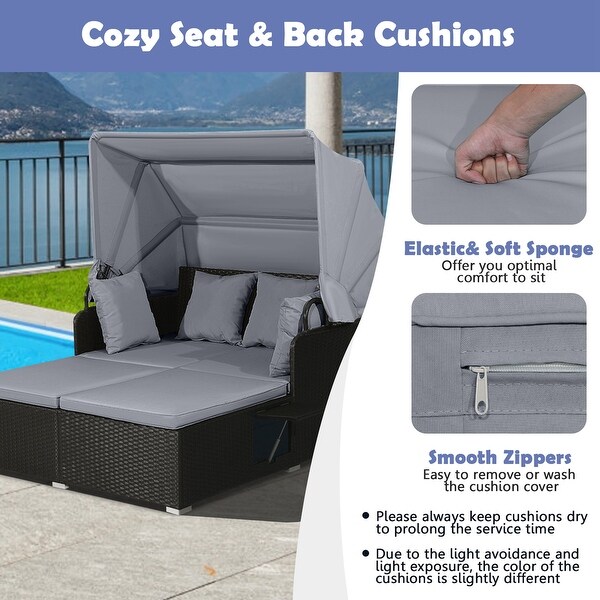 Costway Patio Rattan Daybed Lounge Retractable Top Canopy Side Tables