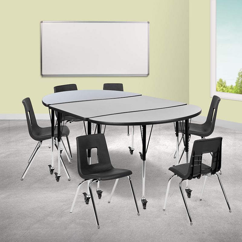 Emma and Oliver Mobile 76 Oval Wave Activity Table Set-18 Student Stack Chairs， Grey/Black