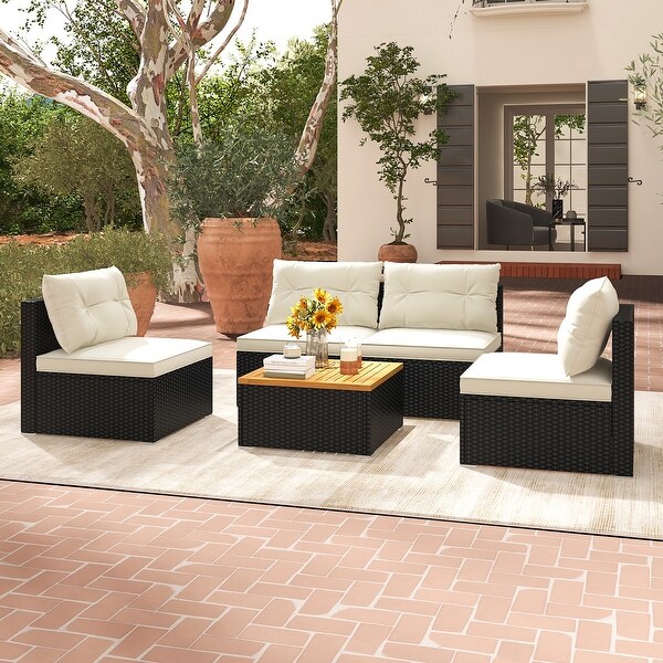 Gymax 5 PCS Rattan Sofa Set Outdoor Wicker Furniture Set w/ Back