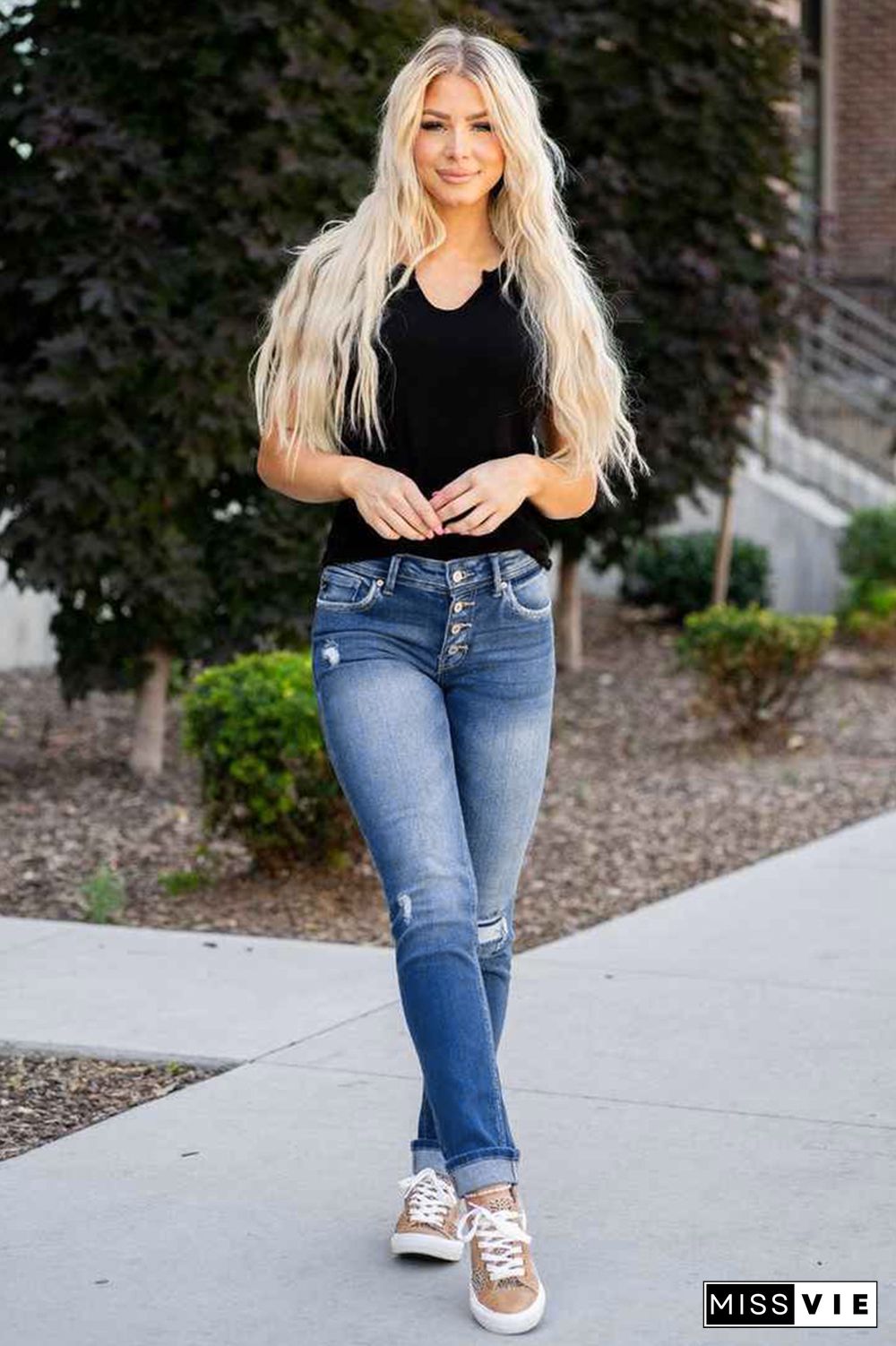 Mid Waist Button Skinny Leg Jeans