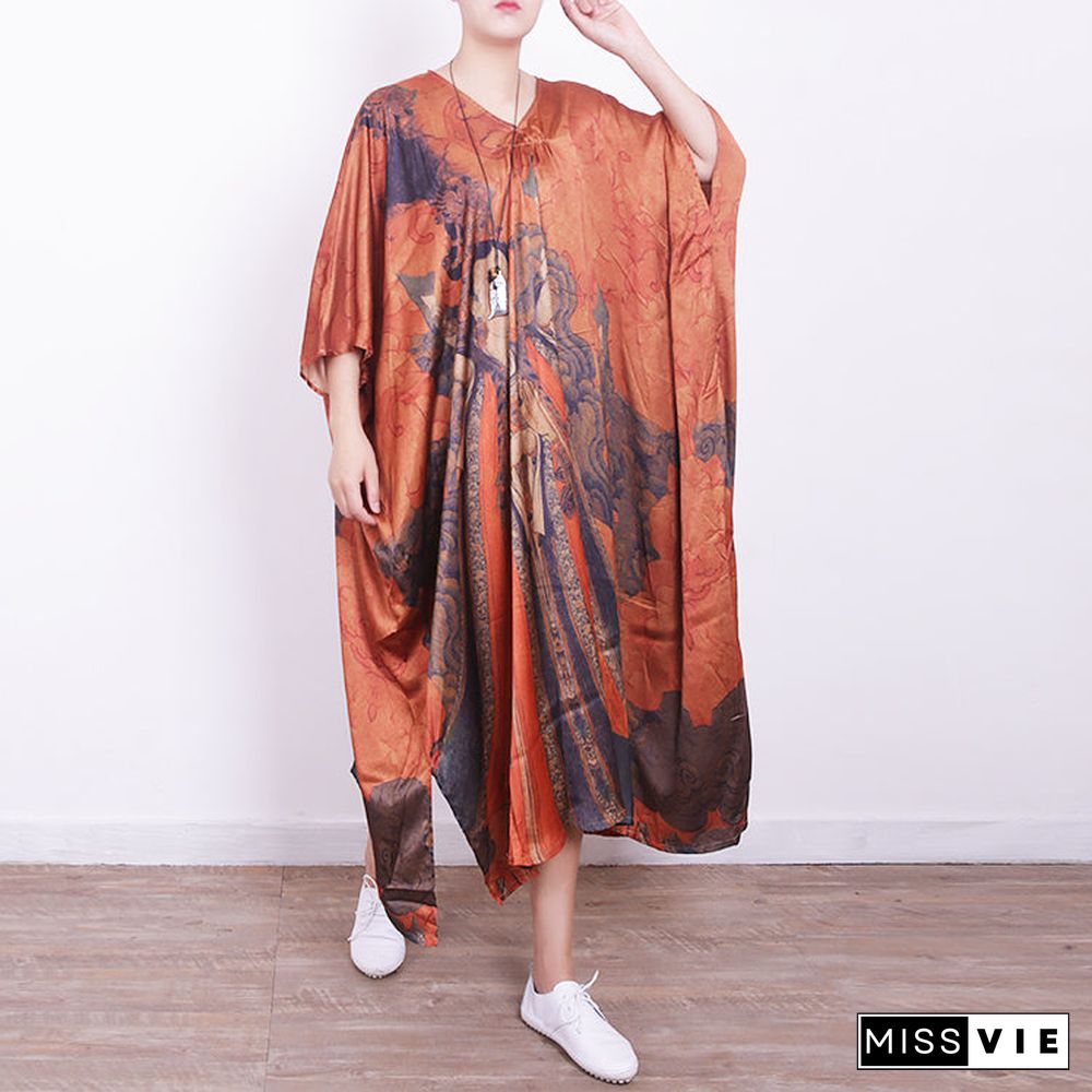 fine orange Midi-length silk dress plus size casual dressv neck prints silk dresses