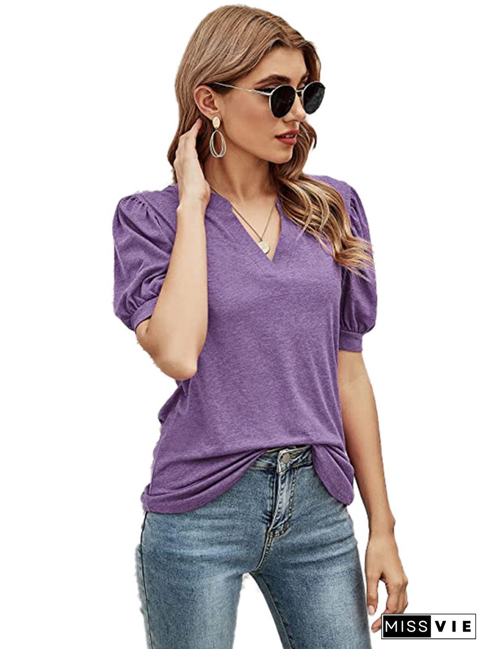 Simple Solid Color V-Neck Puff Sleeves T-Shirt Top