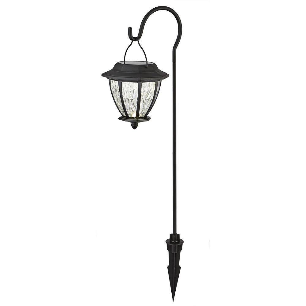 Hampton Bay Solar Matte Black Outdoor Integrated LED Shepard Hook Landscape Path Light with Hammered Lens (4-Pack) 93603