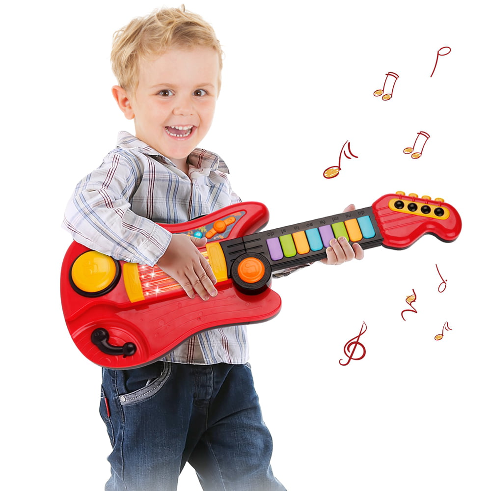 Zmoon Kids Electric Guitar Toy for Boys Girls， 2 in 1 Electric Toy Guitar Piano with Music and Light Musical Instrument Toys for Toddler 2 3 4 5 6 Years Old Gift， Red