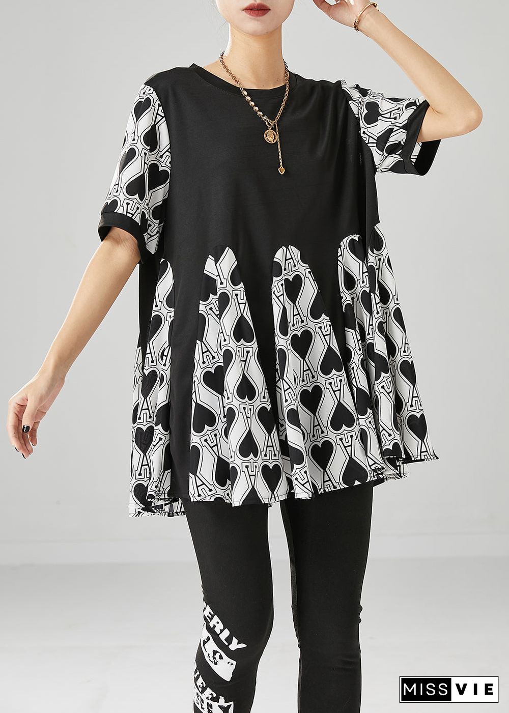 Fine Black Oversized Patchwork Love Print Chiffon Shirt Tops Summer