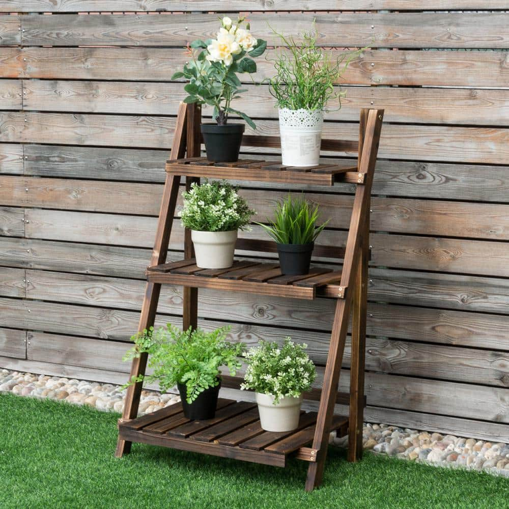 Costway 24 in. x 15 in. L x 37 in. Ladder Indoor Outdoor Brown Wood Plant Stand (3-Tiers) GT3211