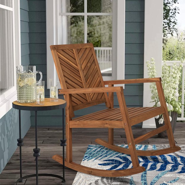 Ned Modern Chevron back Acacia Wood Patio Outdoor Rocking Chair Jonathan Y