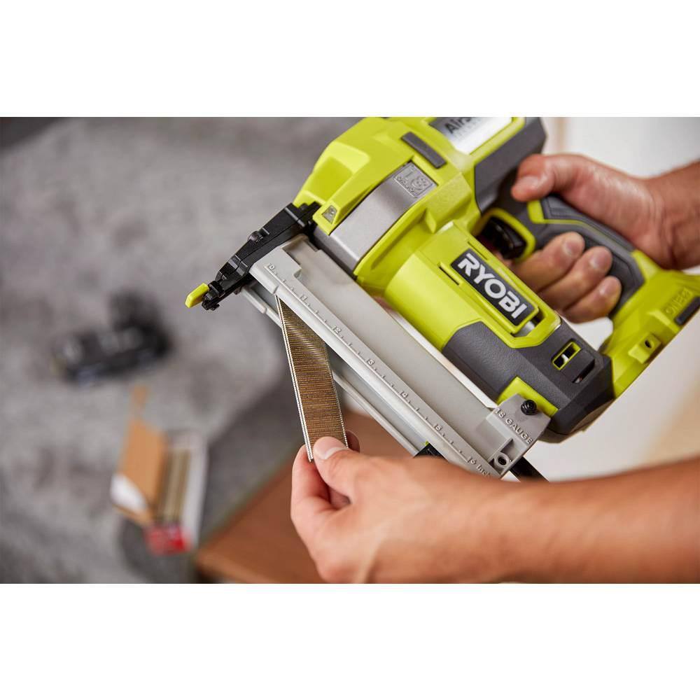 RYOBI ONE+ 18V AirStrike Cordless 16-Gauge Straight Finish Nailer w 18-Gauge Narrow Crown Stapler 2.0 Ah Battery and Charger P326-P361-PSK005