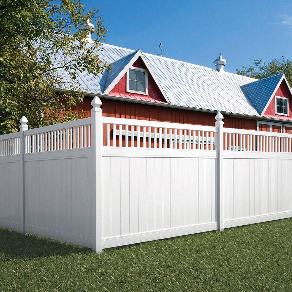 Veranda Pro Series 5 in. x 5 in. x 8 ft. White Vinyl Woodbridge Closed Picket Top Routed Line Fence Post 144755