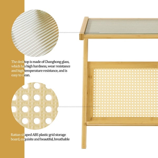 Bamboo Glass-top End Table with Rattan-like Magazine Rack