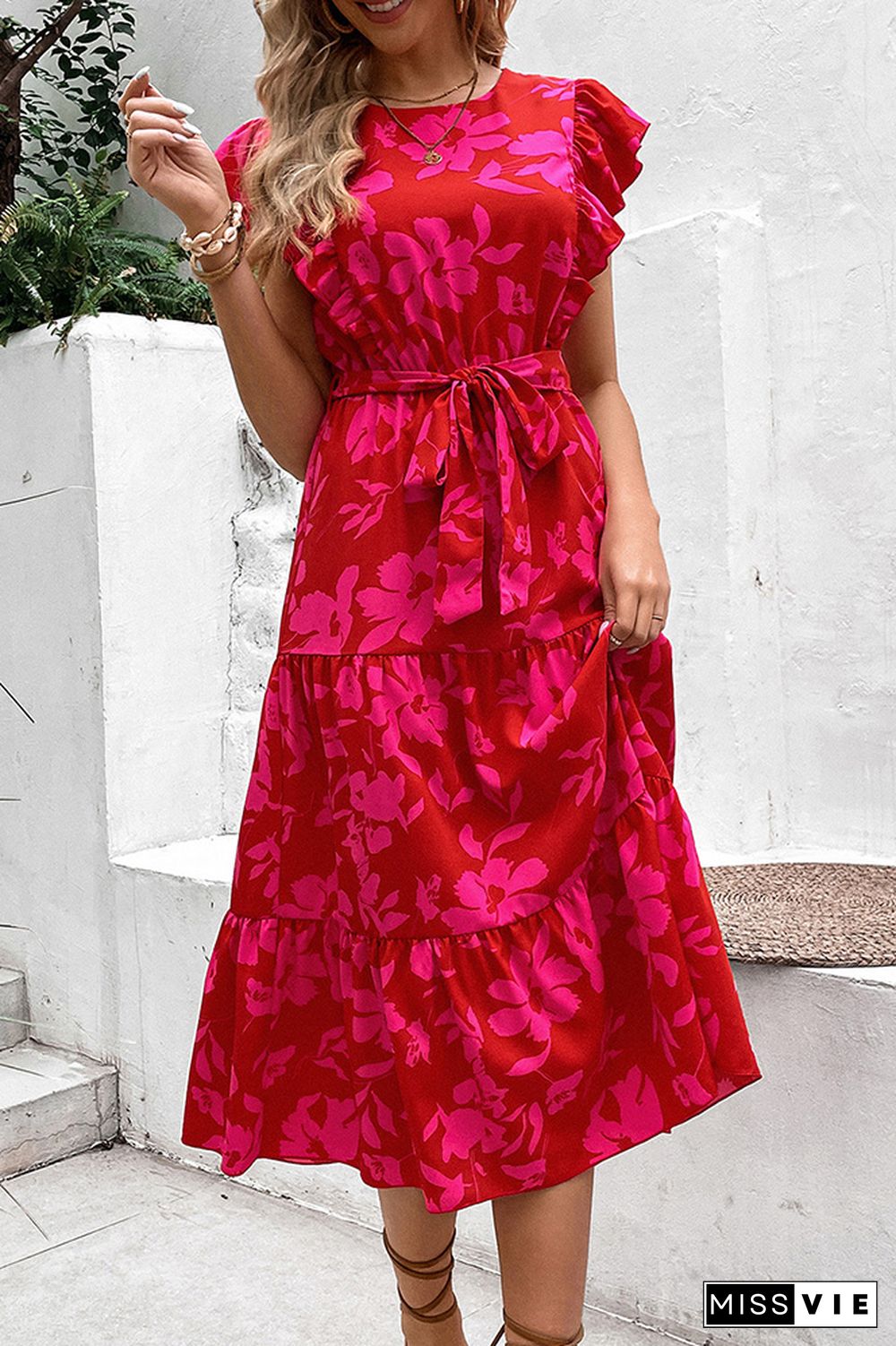 Red Floral Flutter Sleeves Tiered Dress