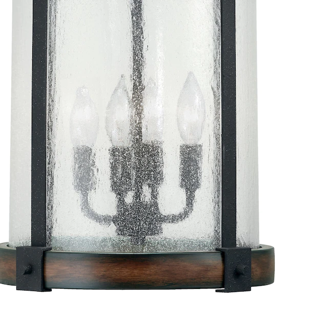 Kichler Barrington 4-Light Distressed Black and Wood Tone Rustic Seeded Glass Cylinder Pendant Light