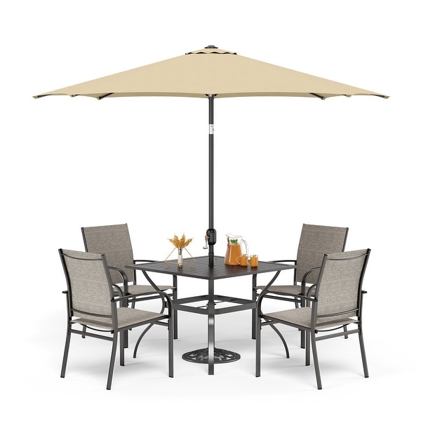 MAISON ARTS 6Piece Patio Dining Set，37 Inch Square Metal Table and 4 Textilene Dining Chairs with 9ft Patio Umbrella