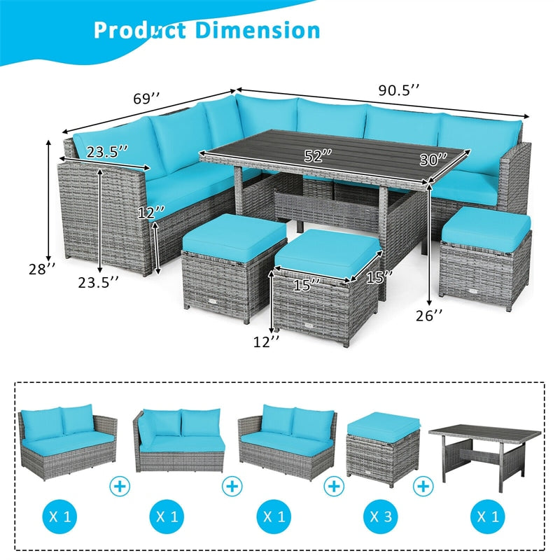 7 Pcs Rattan Patio Dining Furniture Sectional Sofa Set with Dining Table, Ottomans & Cushions