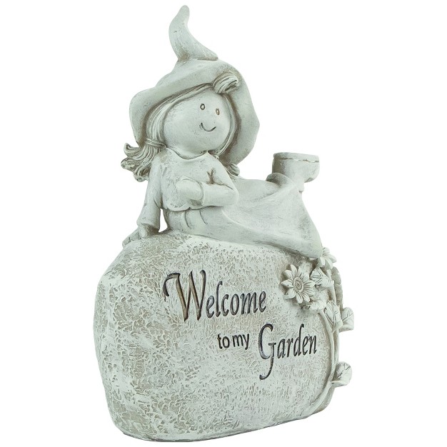 Girl On Rock quot welcome To My Garden quot Outdoor Patio Garden Statue Ivory