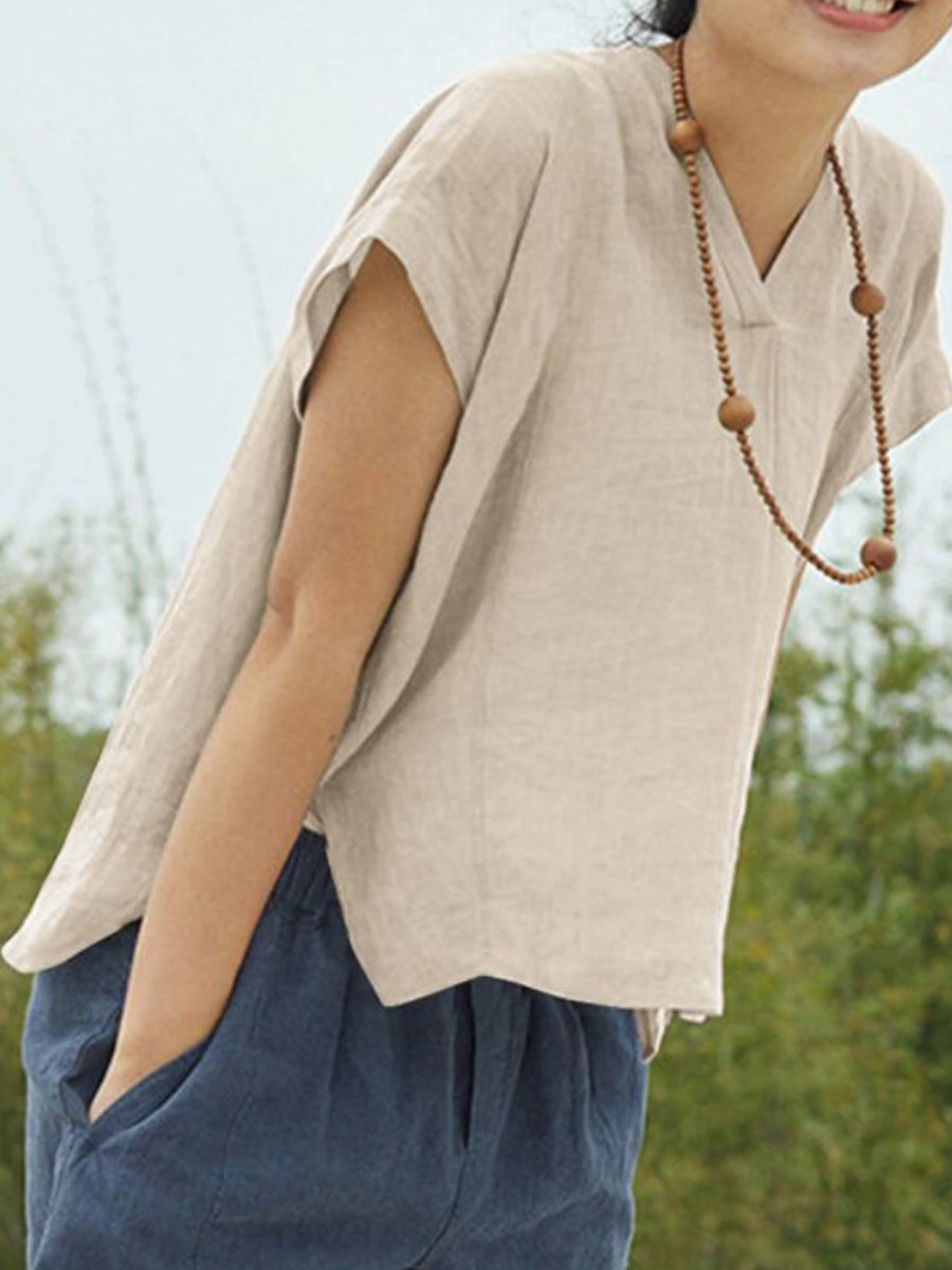 V-neck Casual Loose Solid Color Short-sleeved Blouse