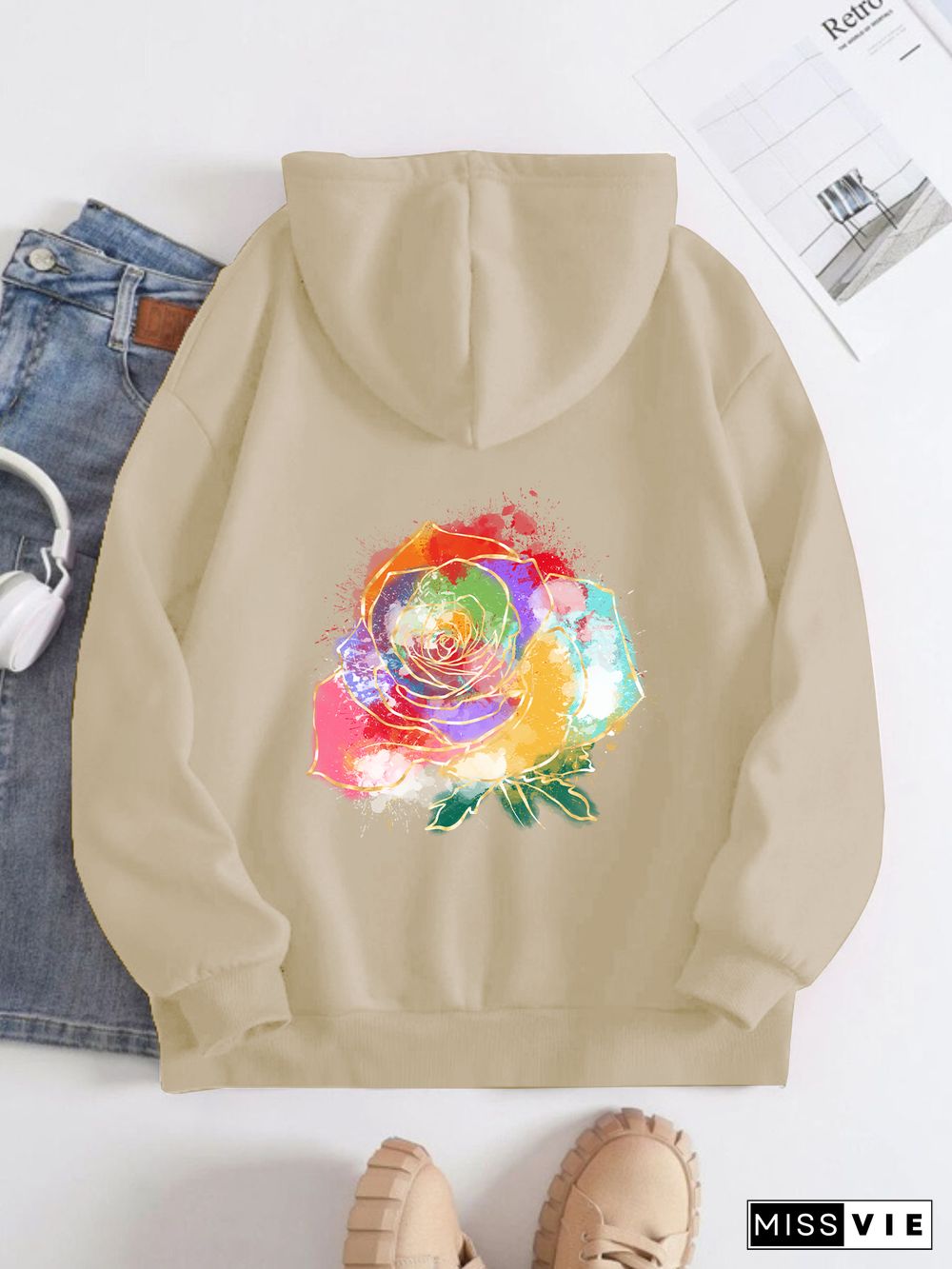 Printed on the Back Kangaroo Pocket Hoodie Long Sleeve for Women Pattern Coloful Rose