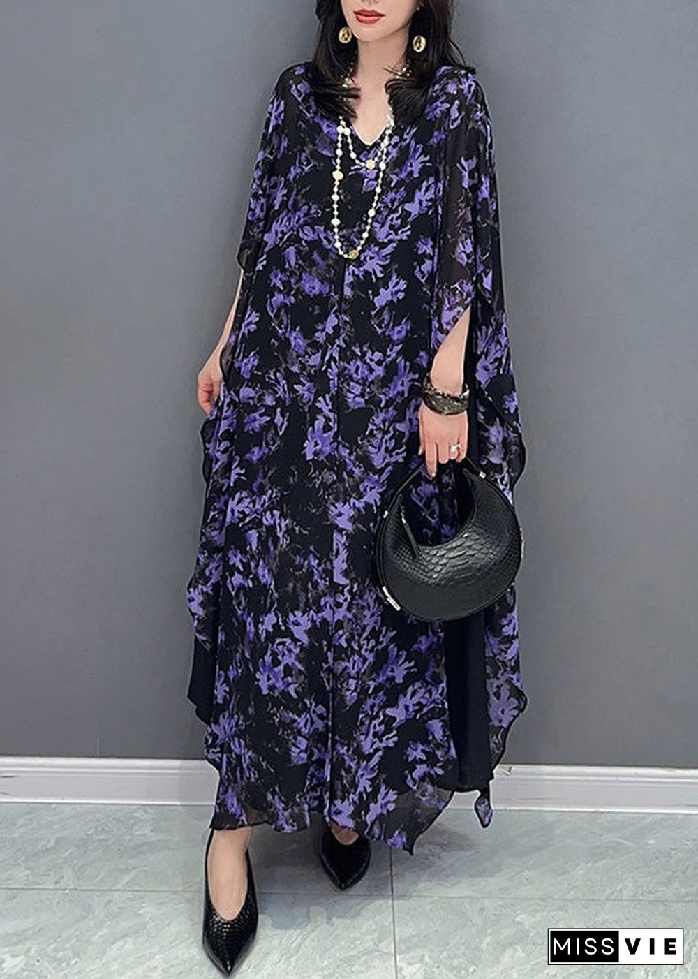 Loose Purple O-Neck Print Maxi Dress Summer