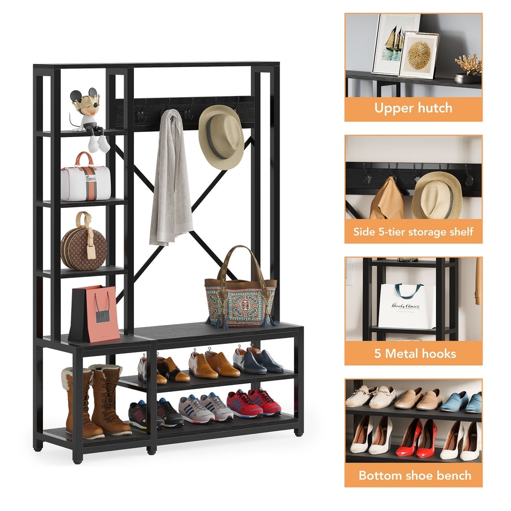 Entryway Hall Tree Coat Rack with Shoe Bench and Side Storage Shelves