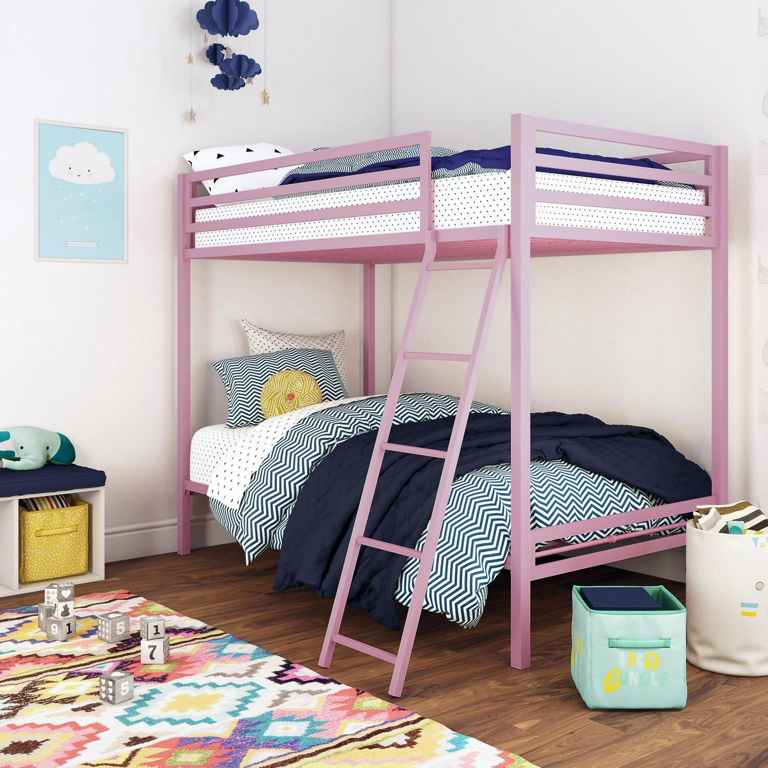 Mainstays Premium Twin over Twin Metal Bunk Bed， Pink