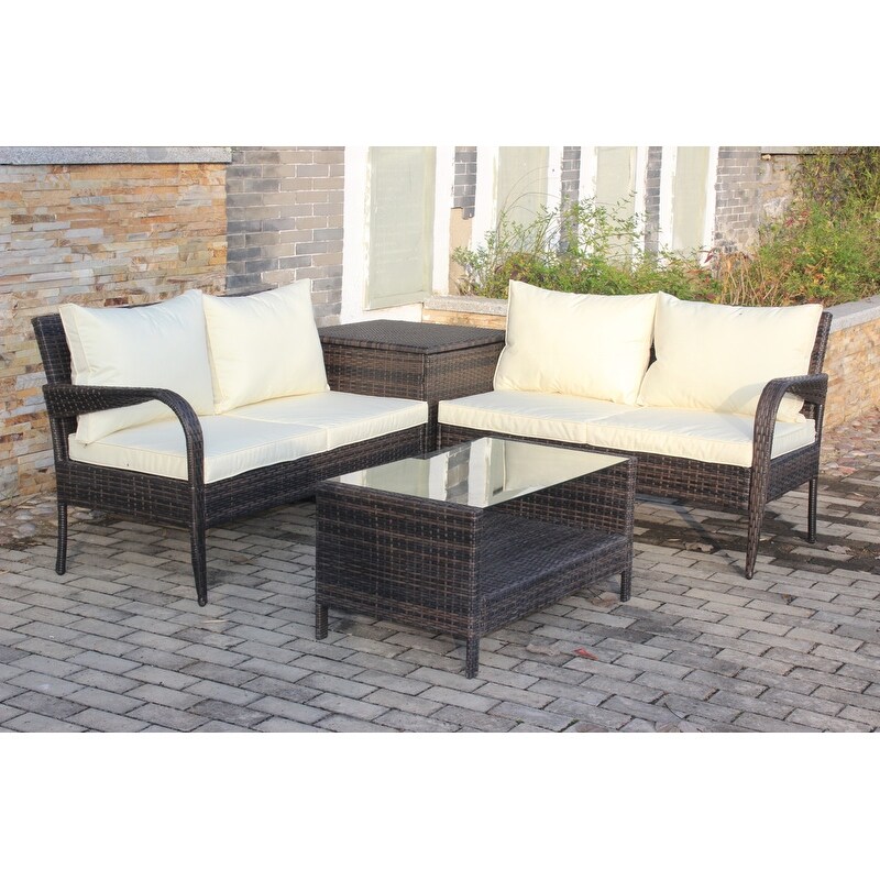 4 Piece Wicker Rattan Outdoor Sofa Set with Storage Box - Overstock - 37284691