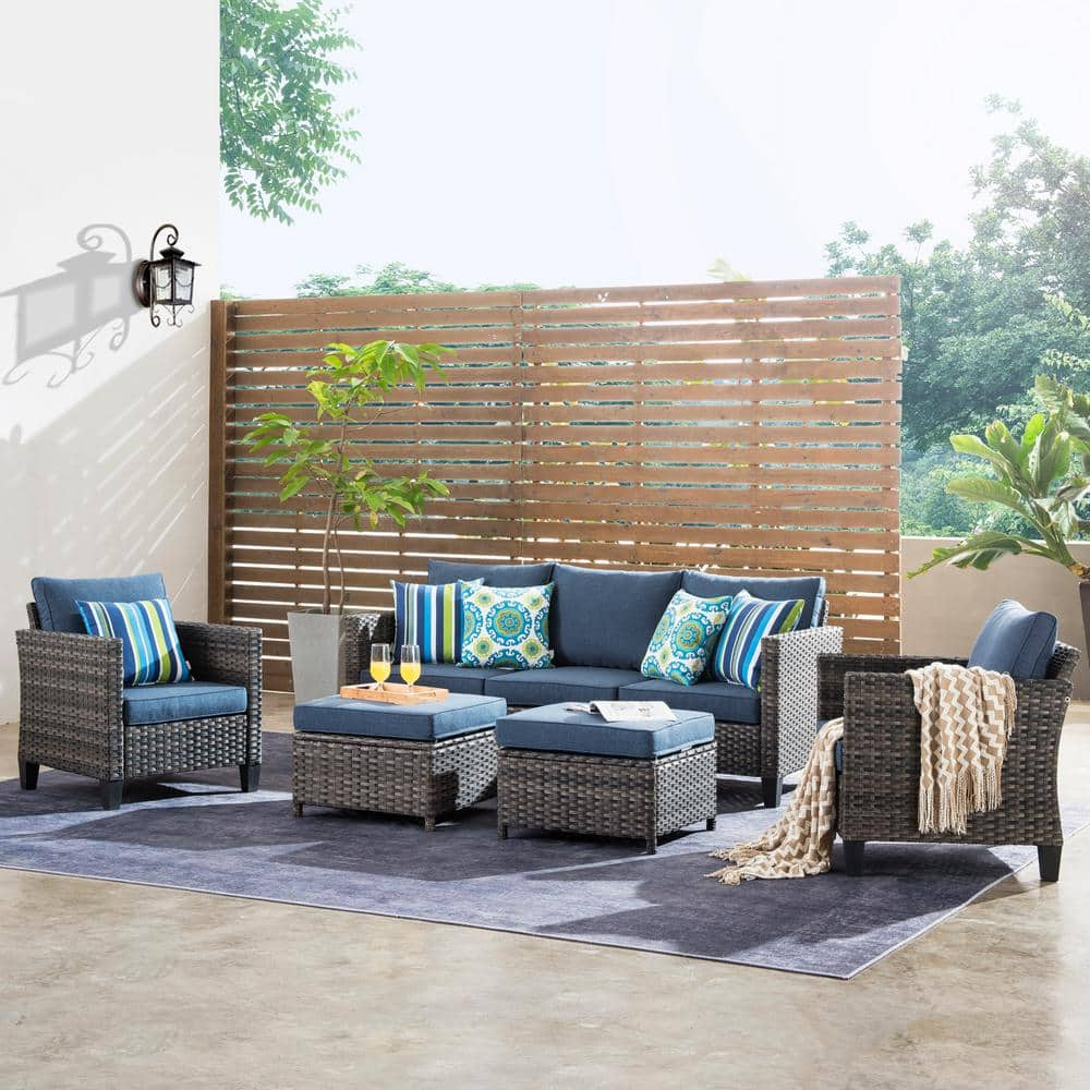 OVIOS New Vultros Gray 5-Piece Wicker Outdoor Patio Conversation Seating Set with Blue Cushions GRS302