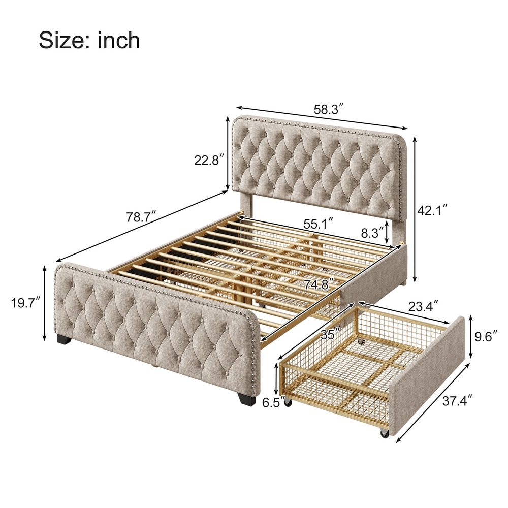 Full Upholstered Platform Bed Frame with Storage Drawers