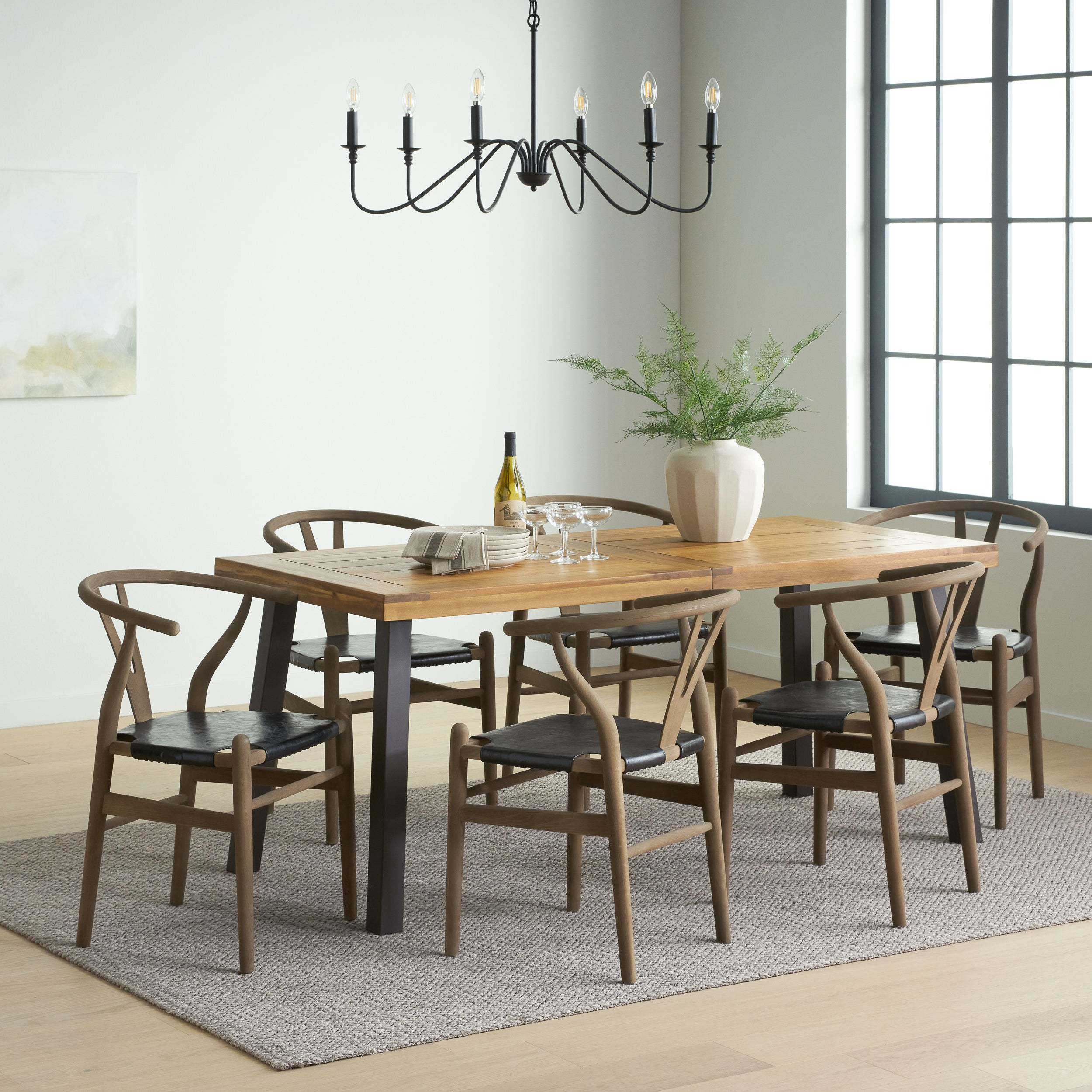 Egan Farmhouse Acacia Wood and Faux Leather 7 Piece Dining Set